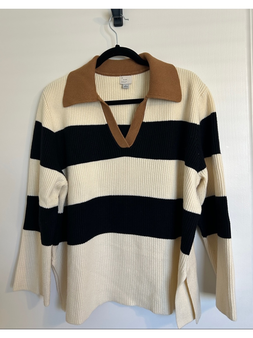 a new day V-Neck Rugby Stripe Sweater in Cream, Black & Brown